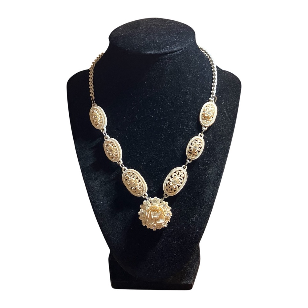 Vintage Celluloid Cream Rose Necklace Rhinestones White Enamel Chain